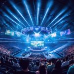 E-Sports tournament with a packed stadium – crowd at gaming event focused on center stage – esports arena with big screens – generative ai –